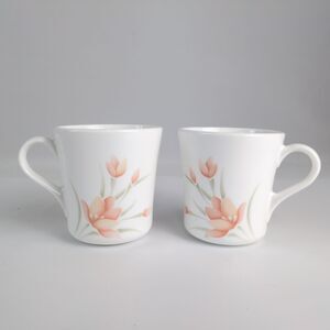 Vintage Set 2 Corning Corelle Peach Floral Flat Coffee Tea Cup Mugs c1987-91 USA